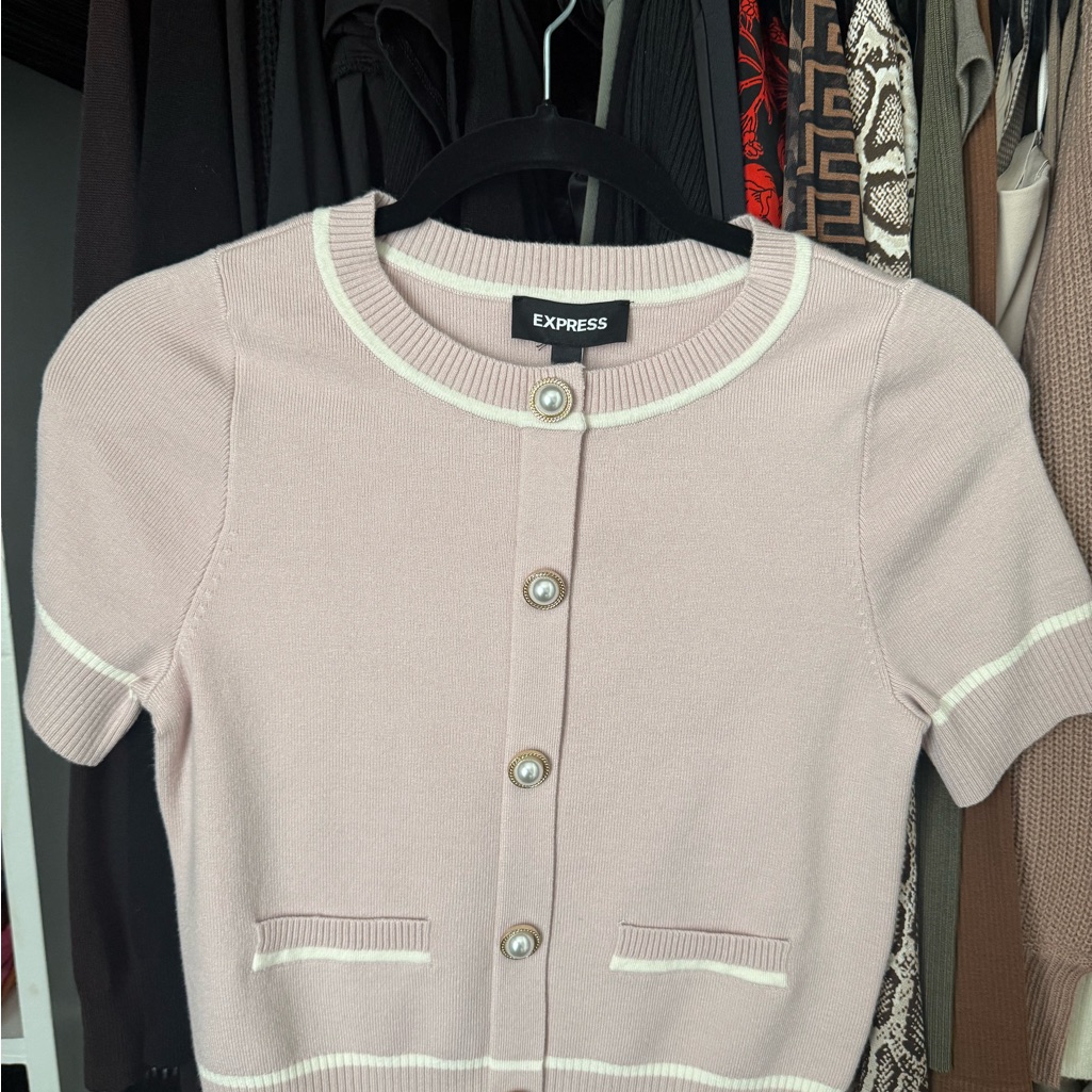 Express Pale Pink Cardigan With White Trim And Decorative Pearl Buttons